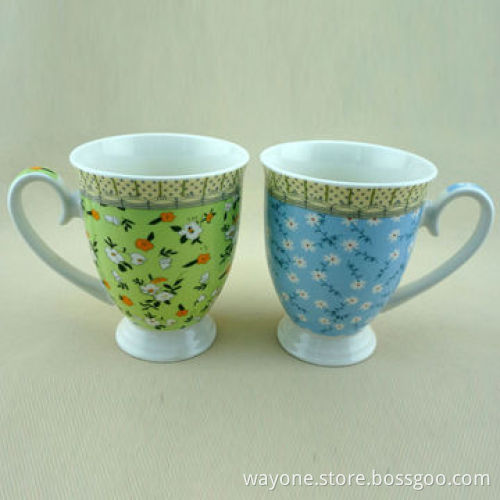 New Bone China Mugs, 13oz Volume, Flowers with Green/Blue Background, Ideal for Promotional Gift